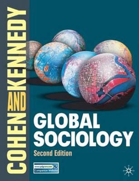 Boekomslag 'Global Sociology', met zeven globes in rood, blauw en grijs. Verticaal staat 'COHEN AND KENNEDY'.