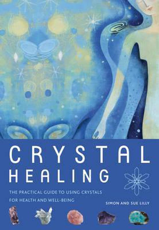 Boek 'Crystal Healing' met blauw met blauwe en gele abstracte kunst en de titel.