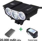 SolarStorm X3 set - USB MTB/race LED koplamp EXTREEM veel licht met 3x CREE T6 LED - met 20.000 mAh LiPo Powerbank en handig frametasje