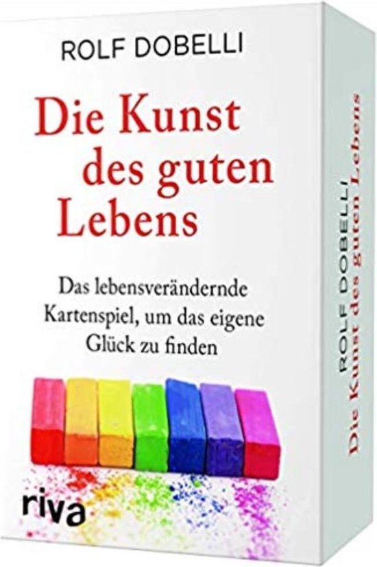 Boek met de titel 'Die Kunst des guten Lebens' door Rolf Dobelli, met een regenboog van kleurrijke kaarten.