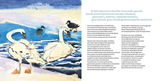 Illustratie van zwanen en eenden op een bevroren water met op de achtergrond huizen.