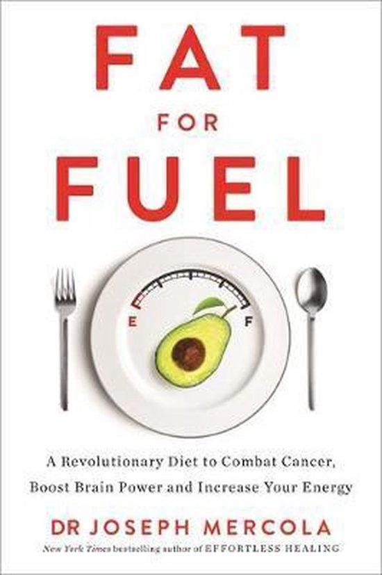 Boek "FAT FOR FUEL" met een avocado op een bord dat een brandstofmeter voorstelt. Links en rechts een vork en lepel.