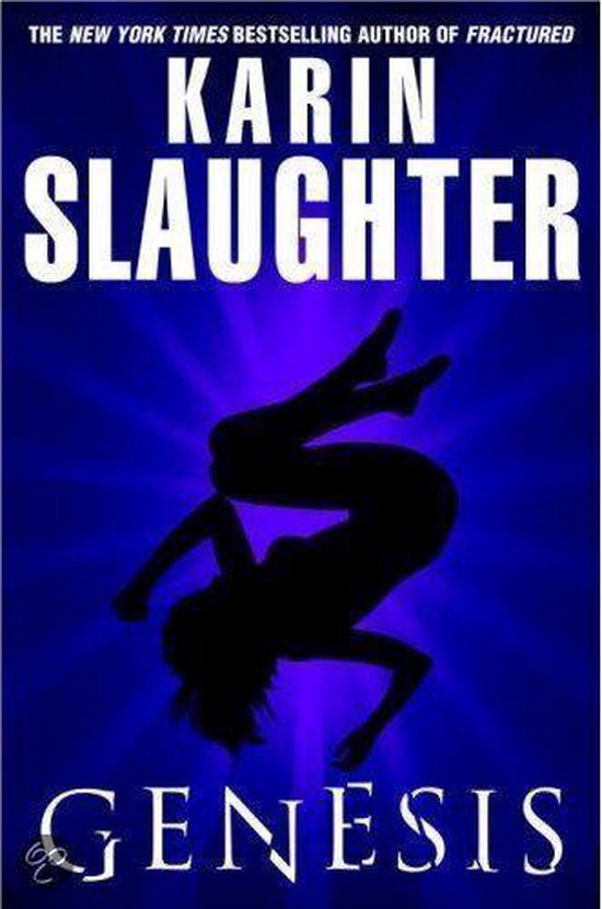 Boekcover van Karin Slaughter 'Genesis'. Een zwarte silhouette van een vrouw die naar beneden valt, tegen een diepblauwe achtergrond.