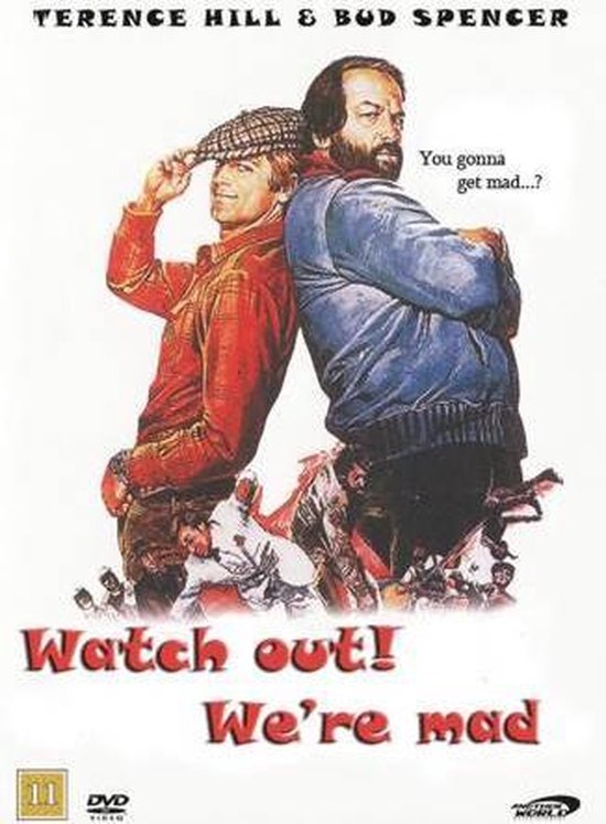 Terence Hill en Bud Spencer leunen rug aan rug, met een pet en een blauwe jas. Film "Watch out! We're mad".
