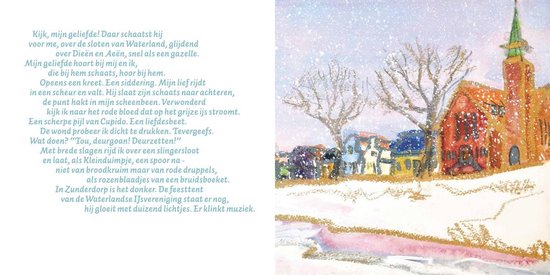Winterse illustratie van een dorp met besneeuwde bomen, een kerk en een bevroren plas.