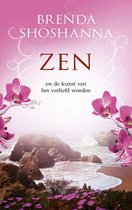 Boekomslag met de titel 'ZEN en de kunst van het verliefd worden' van Brenda Shoshanna, met roze orchideeën en een rotsachtige kustlijn.