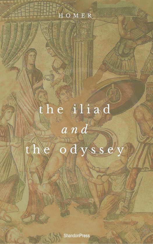 Antieke mozaïek van Homerus' 'Ilias' en 'Odyssee' met strijders en figuren.