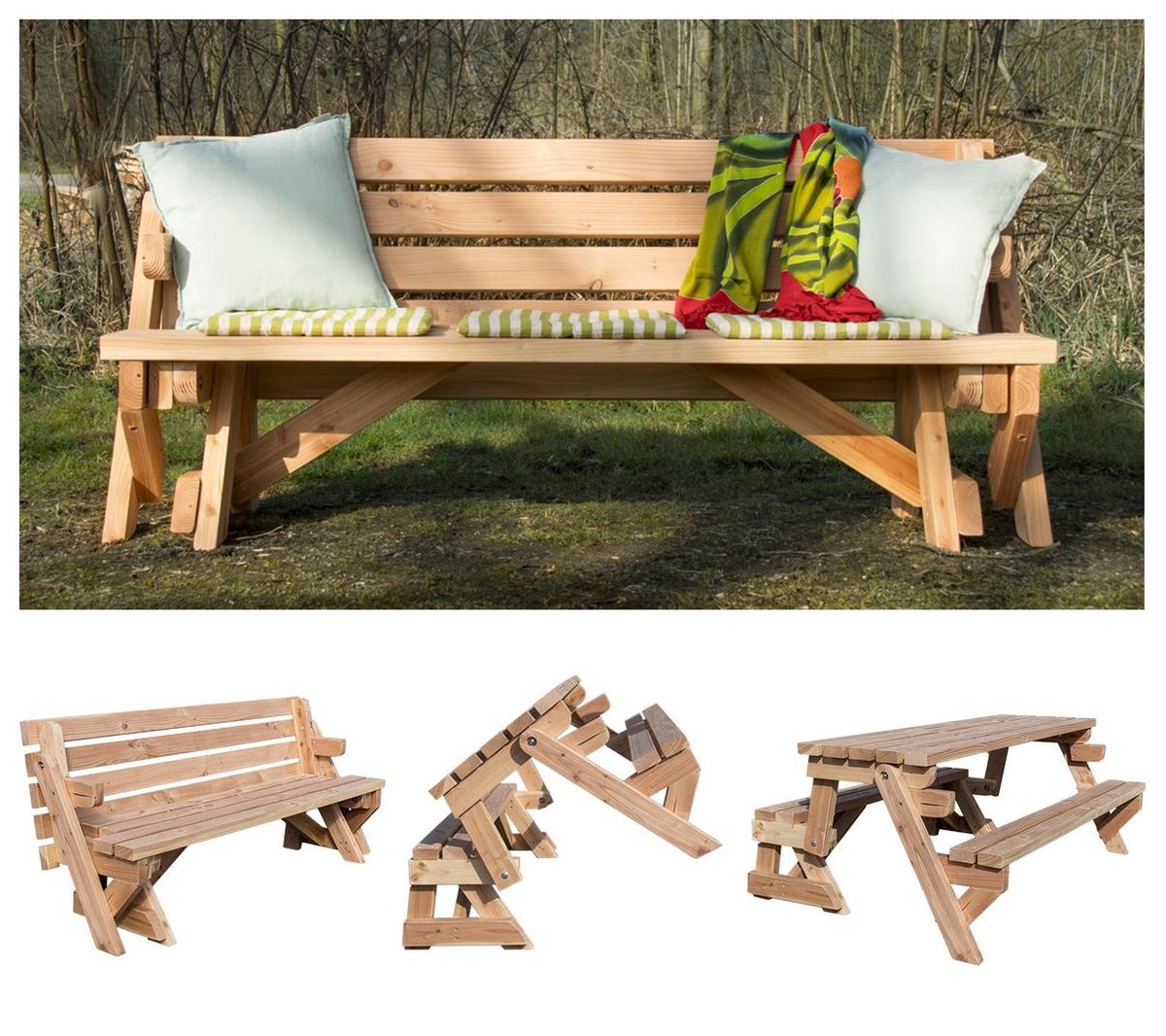 Bank en Picknicktafel 2 in 1 XL model Douglas hout - Inklapbare picknicktafel - picknicktafel - opvouwbare picknicktafel