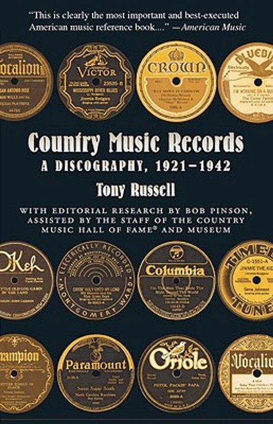 Boek 'Country Music Records: A Discography, 1921-1942' door Tony Russell, met afbeeldingen van vintage platenlabels.