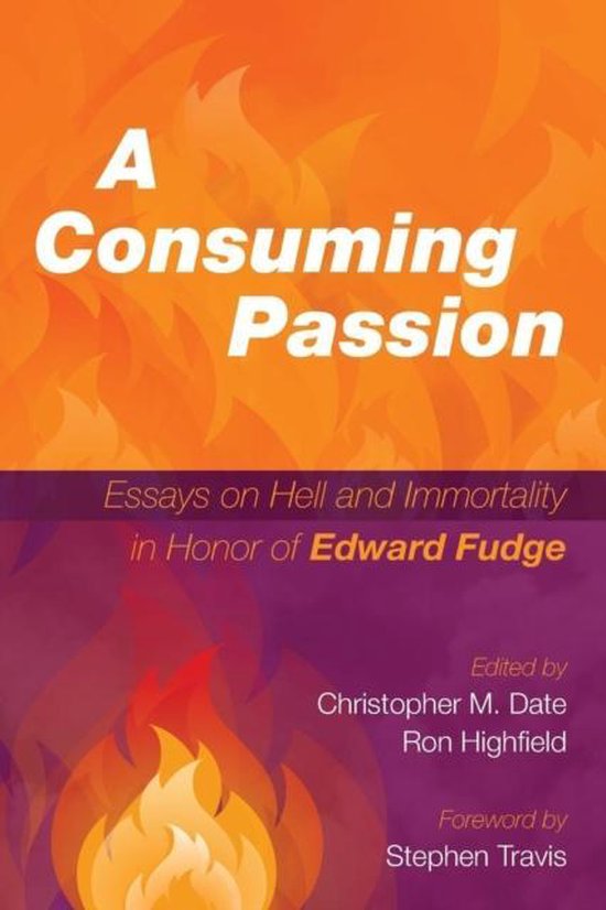 Boek 'A Consuming Passion' met vlammen op oranje en paarse achtergrond.