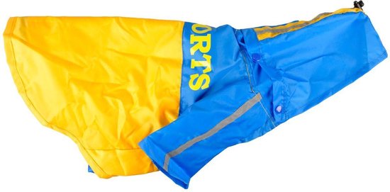 Gevouwen gele en blauwe hondenjas met 'ORTS' opdruk en reflecterende strepen. Knoopsluiting zichtbaar.