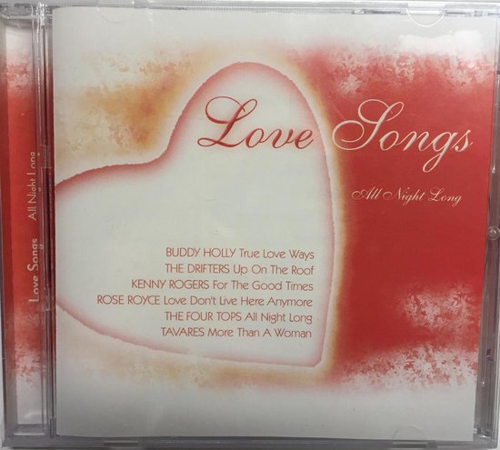 Love Songs - All Night Long CD-hoes met een hartvormig ontwerp in roze en rode tinten.