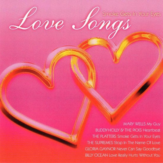 CD hoes met de titel 'Love Songs' op een roze en oranje achtergrond, met twee grote gouden hartjes en een lijst van nummers.