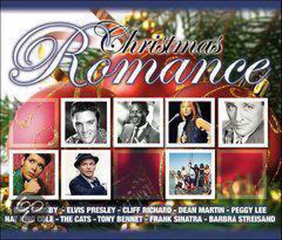 Kerst CD hoes met rode kerstballen, kerstgroen en portretten van artiesten zoals Elvis Presley en Frank Sinatra. Titel: Christmas Romance.