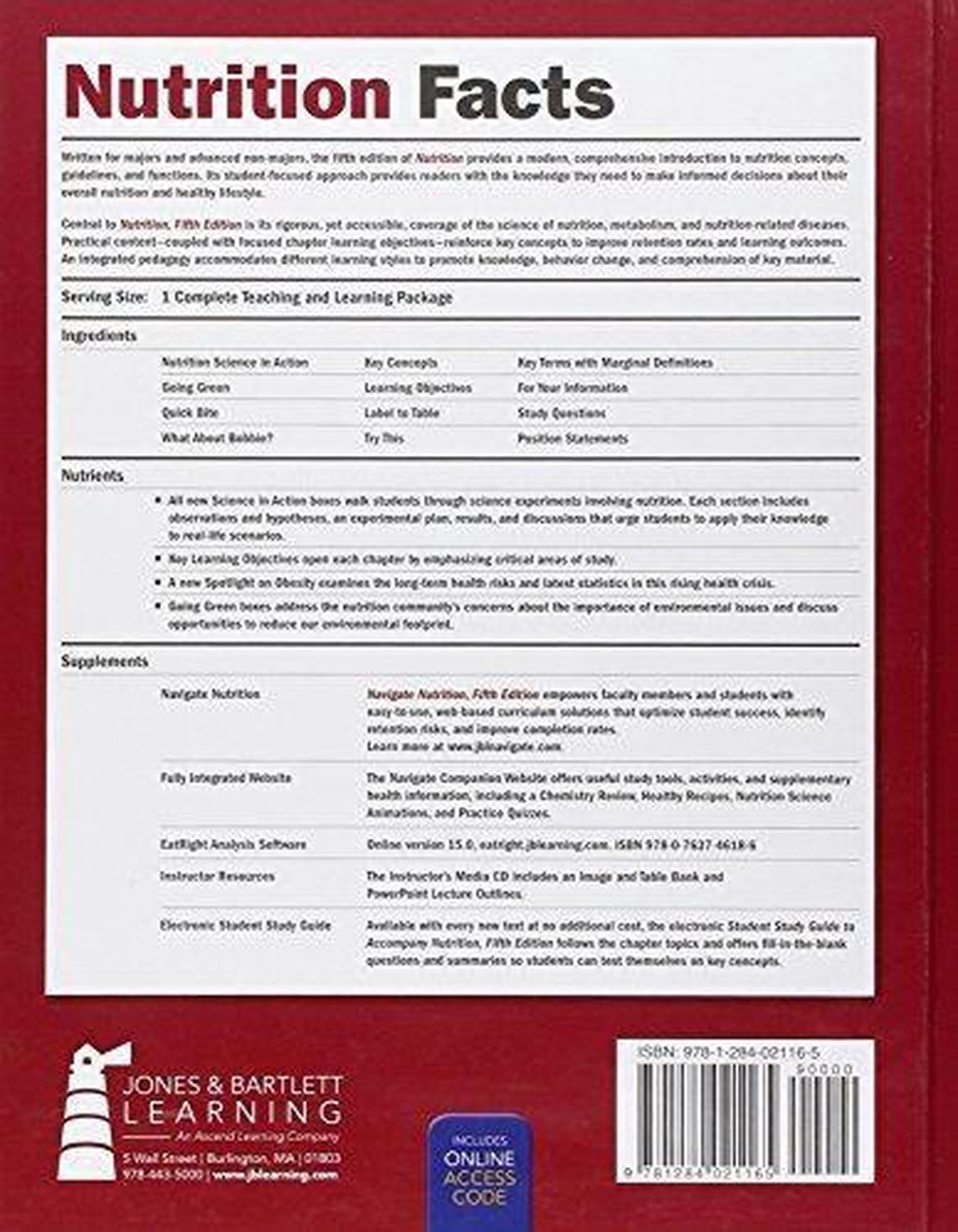 Achterkant van het boek "Nutrition Facts, Fifth Edition". Bevat informatie over de inhoud, auteurs en online bronnen.