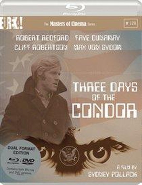 Voorflap Blu-ray "Three Days of the Condor" met Robert Redford, arend en Amerikaanse vlag.