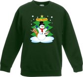 Groene kersttrui met een sneeuwpop en zijn dieren vriendjes voor jongens en meisjes - Kerstruien kind 7-8 jaar (122/128)