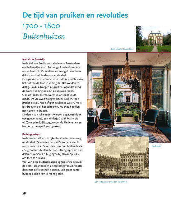 Boekpagina met tekst over buitenhuizen en illustraties van een landhuis en een gracht.
