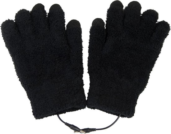 Paar zwarte, pluizige verwarmde handschoenen verbonden door een draad.