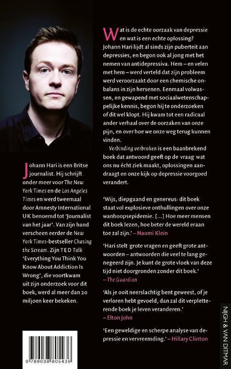Achterkant van het boek 'Verbinding Verbroken'. Linksonder een portretfoto van Johann Hari. Rechts de achterflaptekst en recensies.