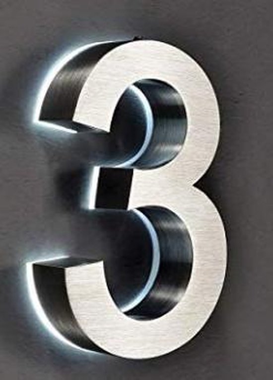 RVS Huisnummer 3D met witte LED verlichting | Hoogte 20cm | dikte 3,5cm |  Nummer 3 |... | bol.com