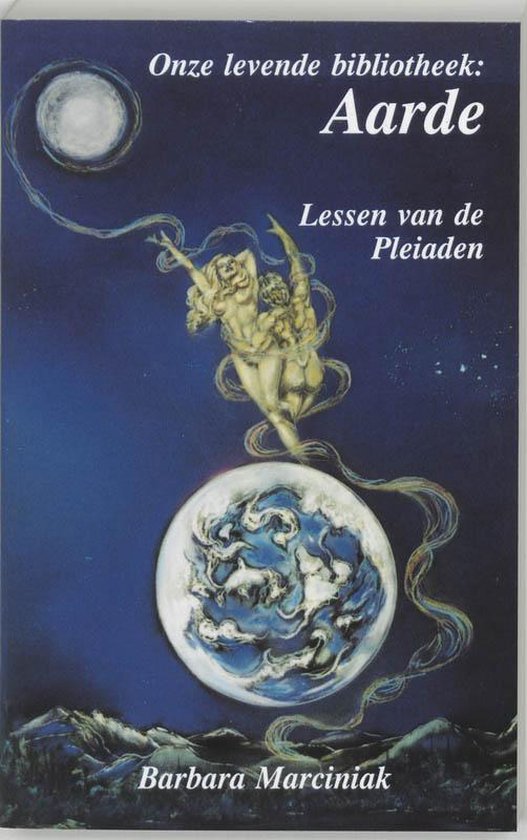 Boekomslag met de tekst 'Onze levende bibliotheek: Aarde', met een illustratie van de aarde, de maan en twee figuren.
