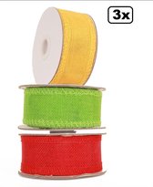 3x Deco rol jute op rol 9.9 mtr. rood/geel/groen