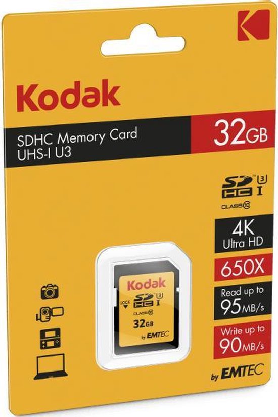 Kodak SDHC-geheugenkaart 32GB in verpakking, geel met rode details, met iconen voor camera en laptop.