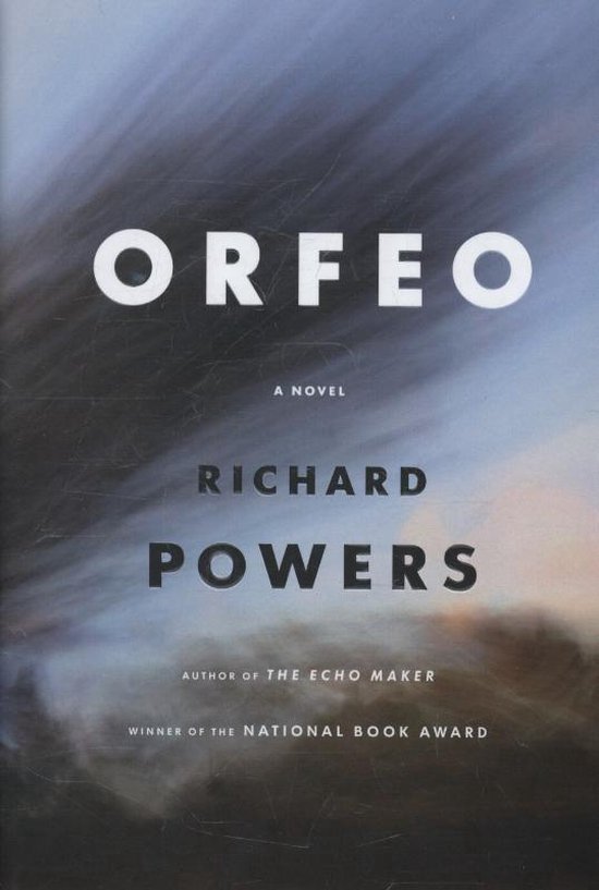 Boek 'Orfeo' door Richard Powers, auteur van 'The Echo Maker', winnaar van de National Book Award. Abstracte achtergrond met dramatische wolken.