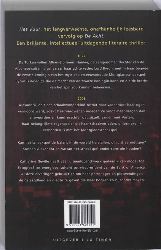 De achterkant van een boek met tekst over het verhaal, de auteur en ISBN.