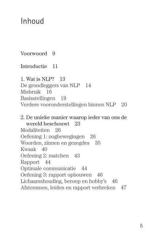 Inhoudsopgave van 'Het ABC van NLP' met hoofdstukken en paginanummers.