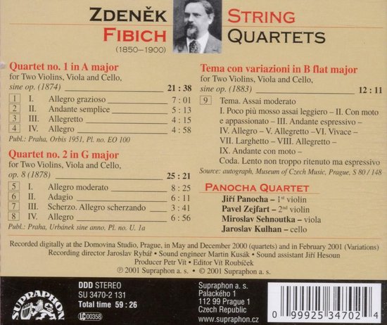 Cd-hoes met portret van componist Zdeněk Fibich en tracklijst voor 'String Quartets'.