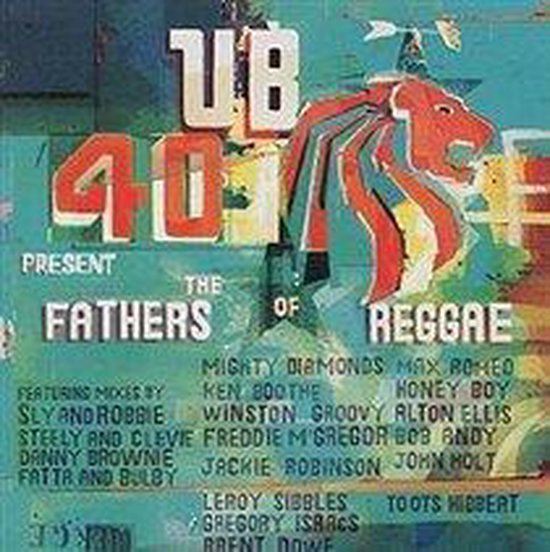 UB40 presenteert The Fathers of Reggae albumhoes met een gestileerde rode leeuwenkop en lijsten met artiestennamen.