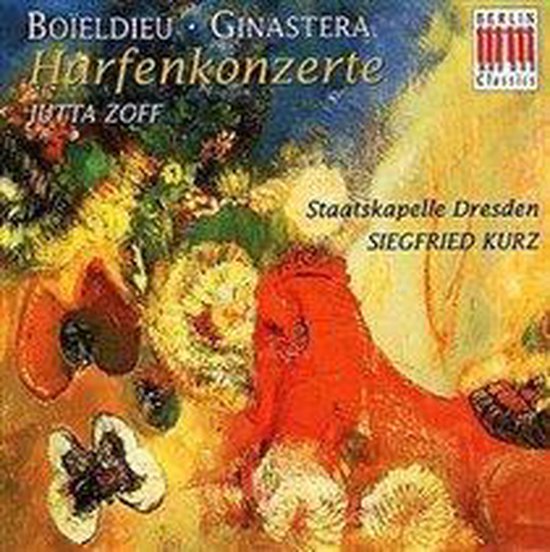 Abstracte kunst met fel oranje, geel en groen. Titel: Boieldieu Ginastera Harfenkonzerte. Jutta Zoff.