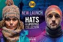 Promotie 'New Launch Hats & Lifestyle Collection 2015-16' met man en vrouw in Buff-kleding.