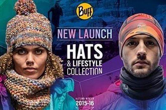 Promotie 'New Launch Hats & Lifestyle Collection 2015-16' met man en vrouw in Buff-kleding.
