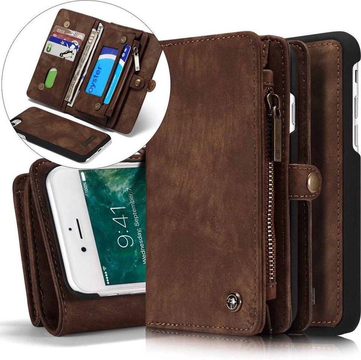 iphone 7 Vintage Portemonnee Hoesje - uitneembaar met backcover (bruin)