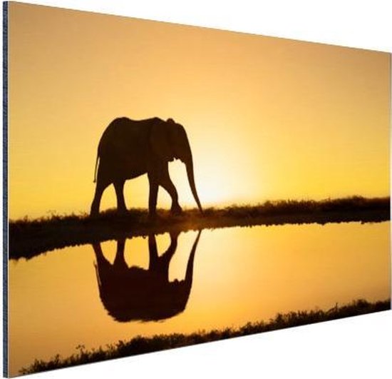 Wanddecoratie Metaal - Aluminium Schilderij Industrieel - Silhouet van een olifant bij zonsondergang - 90x60 cm - Dibond - Foto op aluminium - Industriële muurdecoratie - Voor de woonkamer/slaapkamer