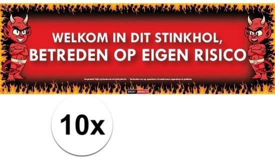 10x Sticky Devil Welkom in dit stinkhol, betreden op eigen risico grappige teksen stickers