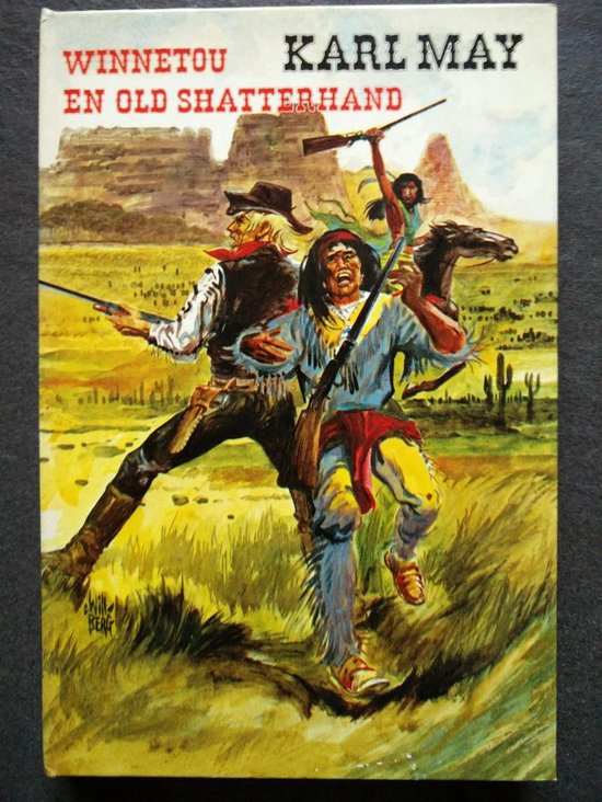 De cover van het boek "Winnetou en Old Shatterhand" van Karl May, met een illustratie van twee mannen te paard in een woestijnlandschap.