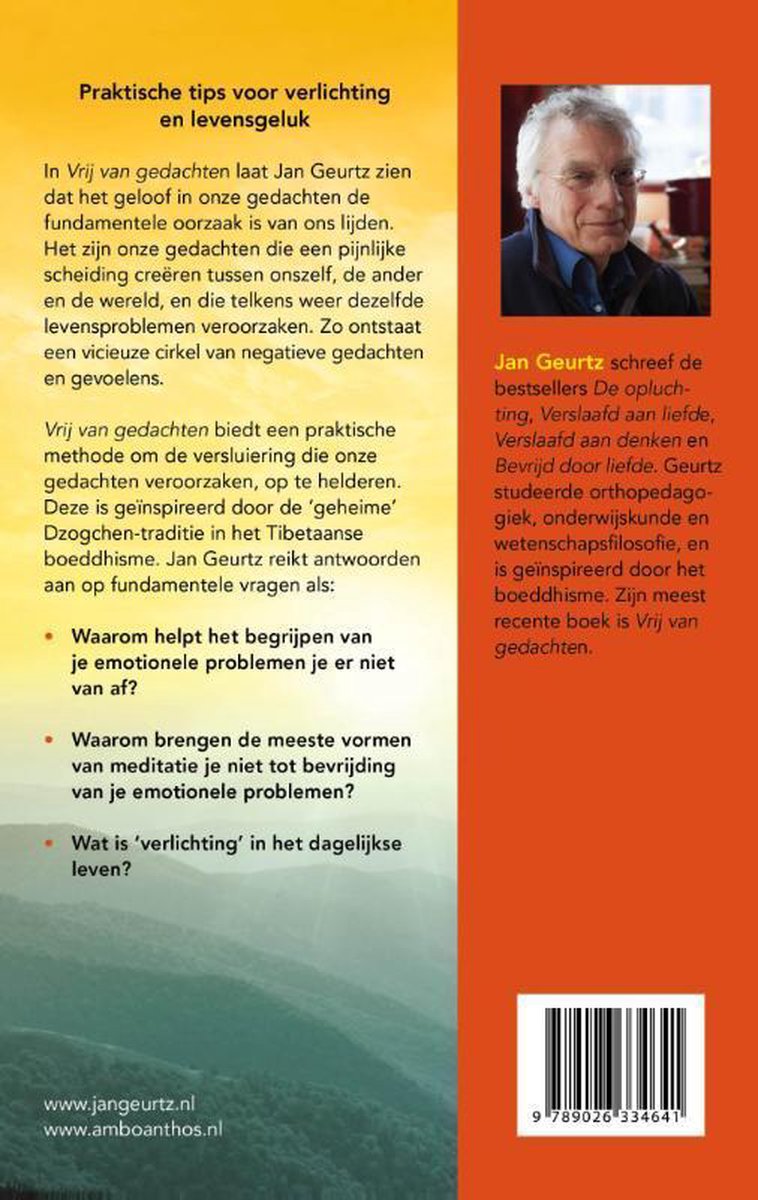 Achterkant van het boek Vrij van gedachten met een foto van auteur Jan Geurtz en de ISBN-barcode.