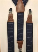 Luxe chique – heren bretels – donkerblauw met witte stip - bruin leer - 3 extra stevige clips