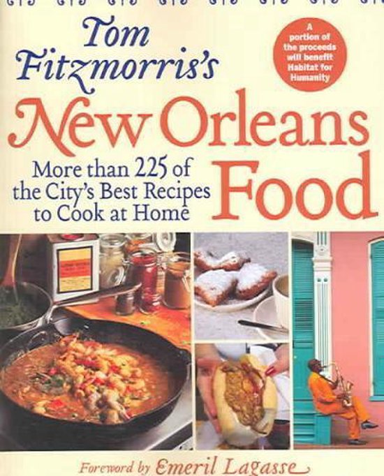 Boek "Tom Fitzmorris's New Orleans Food", met afbeeldingen van eten en een man die saxofoon speelt.