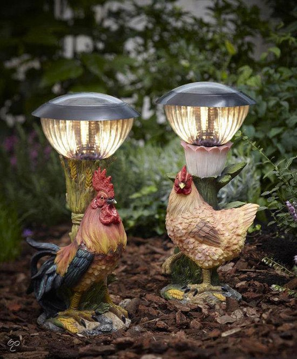 Bakker Tuinbeeld Haan en kip met solarlamp en geluid Haan