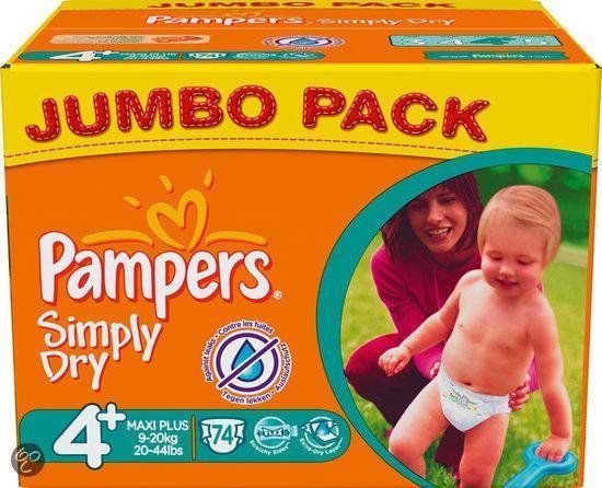 knal Kluisje Commissie Pampers Simply Dry - Luiers Maat 4+ - Jumbo Pack 74st | bol.com