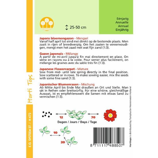 Verpakking met het Horti Tops logo, plantinstructies en de tekst 'Japans bloemengazon - Mengsel'.