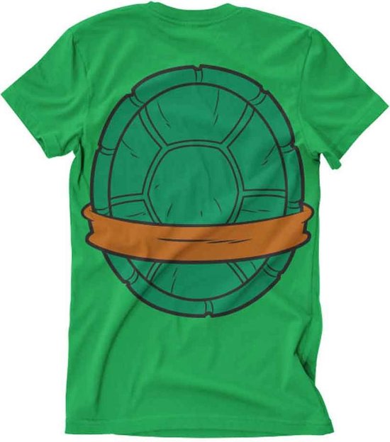 Groen t-shirt met een bruine band om een schildpadschild-print.