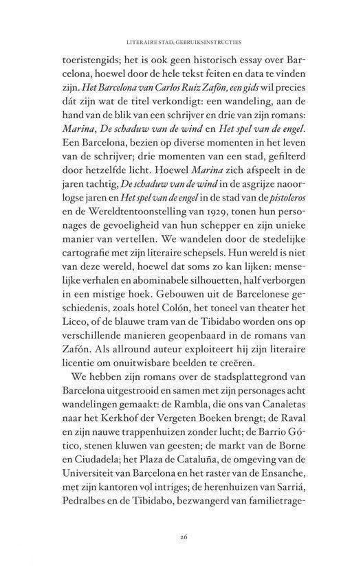 Pagina met tekst uit 'Het Barcelona van Carlos Ruiz Zafón', met de titel 'Literaire stad, gebruiksinstructies'.