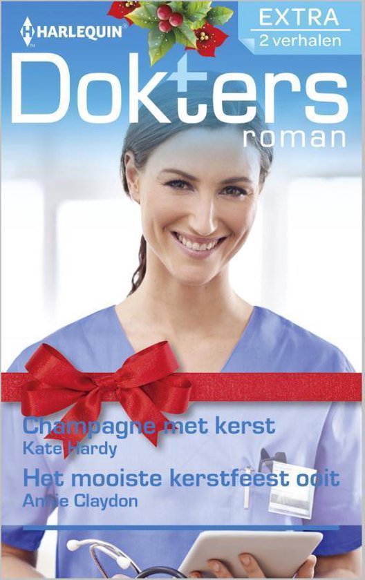 Doktersroman Extra 78: Vrolijke vrouw in blauwe doktersoutfit met rode strik en kerstdecoratie. Titels: Champagne met kerst & Het mooiste kerstfeest ooit.