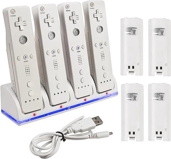 USB Oplaadstation met 4 accu's voor Wii controllers - Wit | bol.com